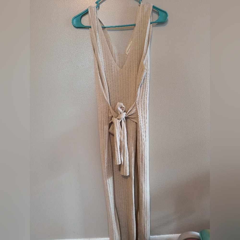 Beige Sleeveless Jumpsuit with Tie Waist